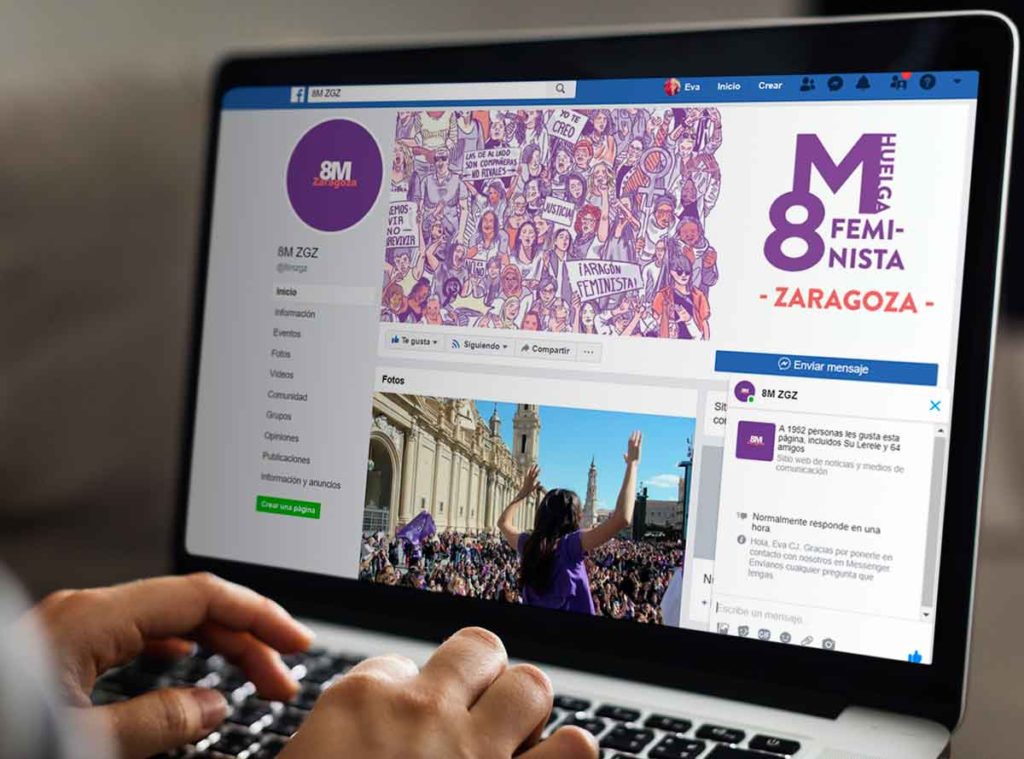 Diseño de las redes sociales de la asamblea 8M aragón con una estética troncal