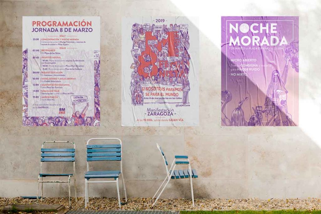 Carteles 8M Zaragoza 2019 ilustrados por Eva Cortés.