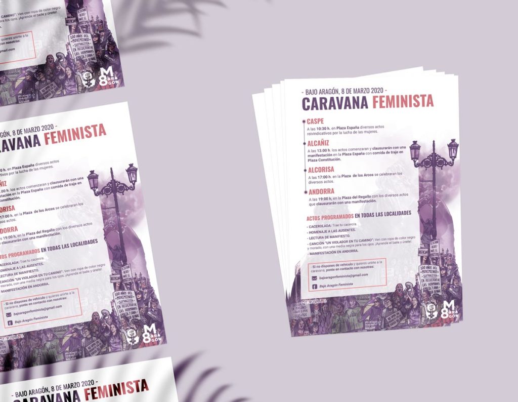 Cartel 8M Aragón 2020, Eva Cortés Ilustra con la caravana de las zonas rurales de Alto aragón