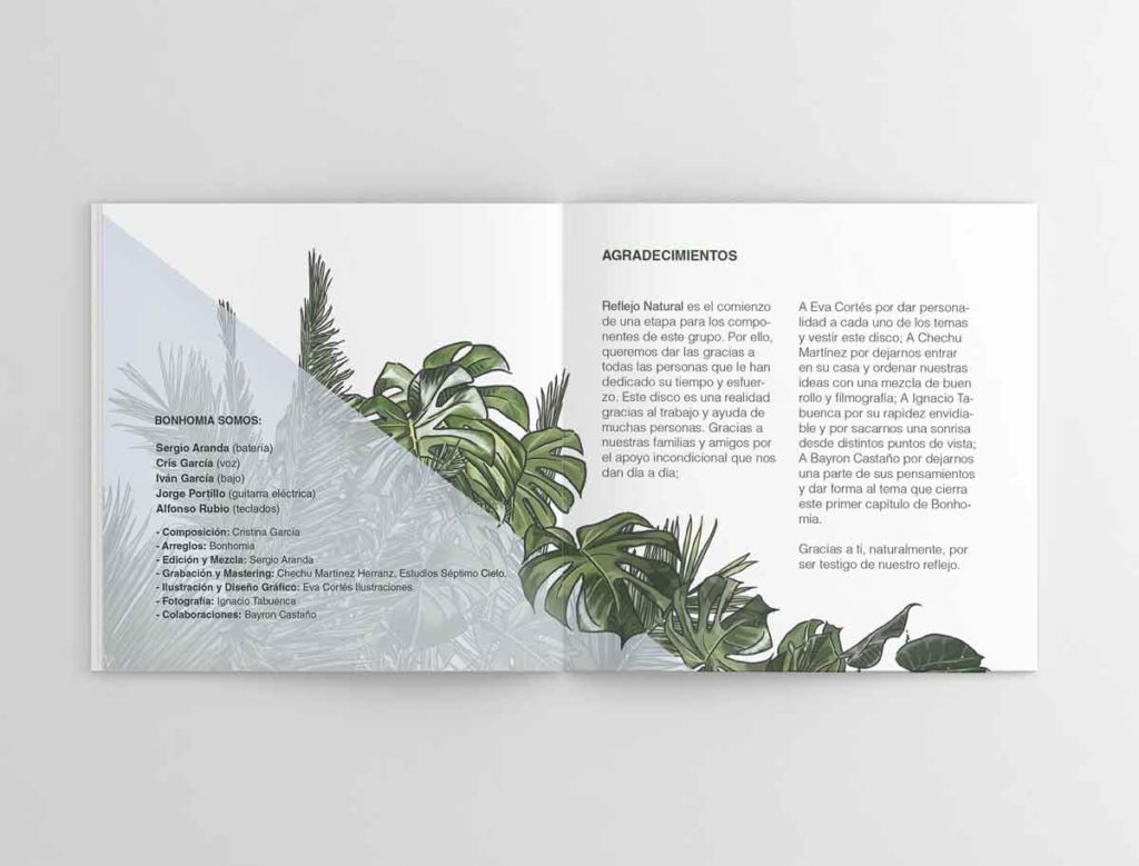 Diseño disco BONHOMIA: "Reflejo Natural" diseñado e ilustrado por Eva Cortés, libreto por la hoja de agradecimientos