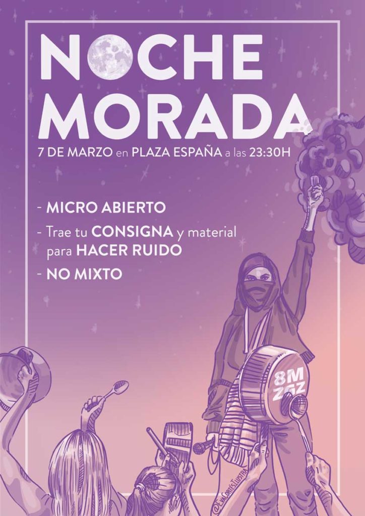 Cartel Noche morada pre 8M Zaragoza Ilustrado por Eva Cortés