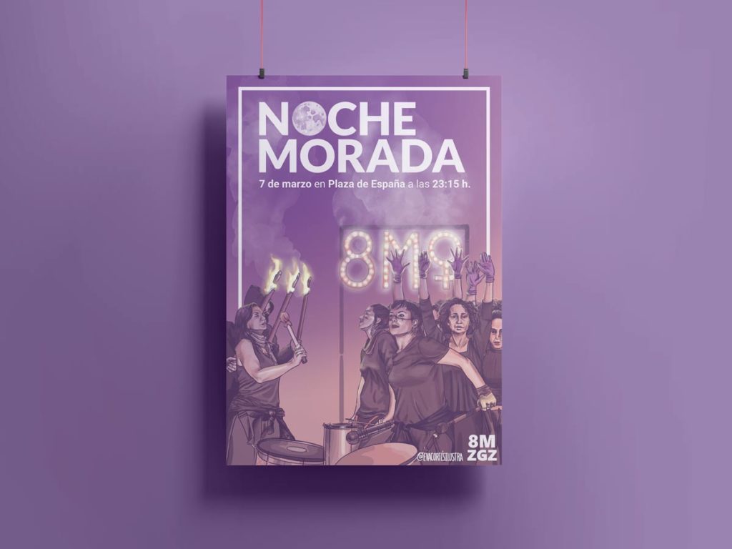 Cartel Noche morada 8M Aragón 2020, diseñado y dibujado por Eva Cortés ilustra