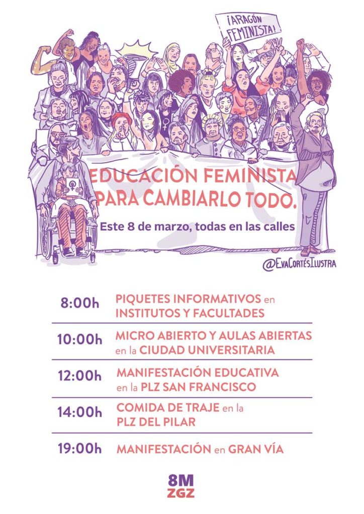 Programa para el eje estudiantil feminista de Zaragoza, cuyas reivindicaciones tenían unas actividades concretas .