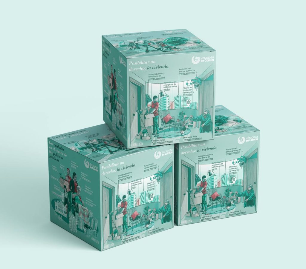 cubos para expositores y stands de Zaragoza en Común, diseñado e ilustrado por Eva Cortés Ilustra