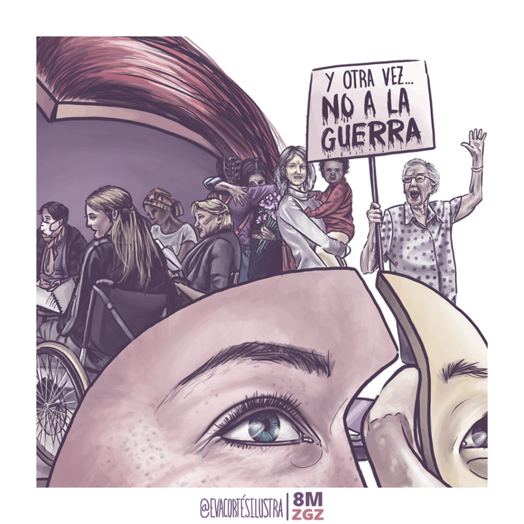 Cartel ilustrado del 8M Zaragoza 2022 con composición de mujeres, manifestaciones feministas y el lema “Con todas y a por todas, nadie nos silencia”