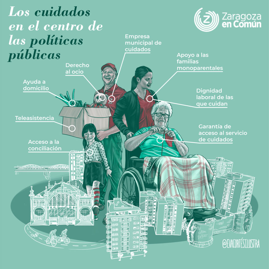 Infografía titulada "Los cuidados en el centro de las políticas públicas" perteneciente al programa electoral de ZEC. diseñado e ilustrado por Eva Cortés.