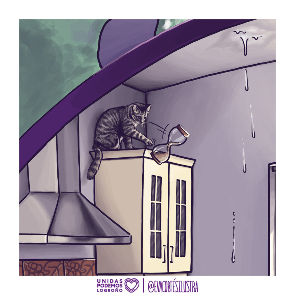 Ilustración de Eva Cortés con un gato empujando un reloj de arena en una cocina con goteras, parte de la campaña “Cuida la tierra, es tu casa” para Unidas Podemos Logroño
