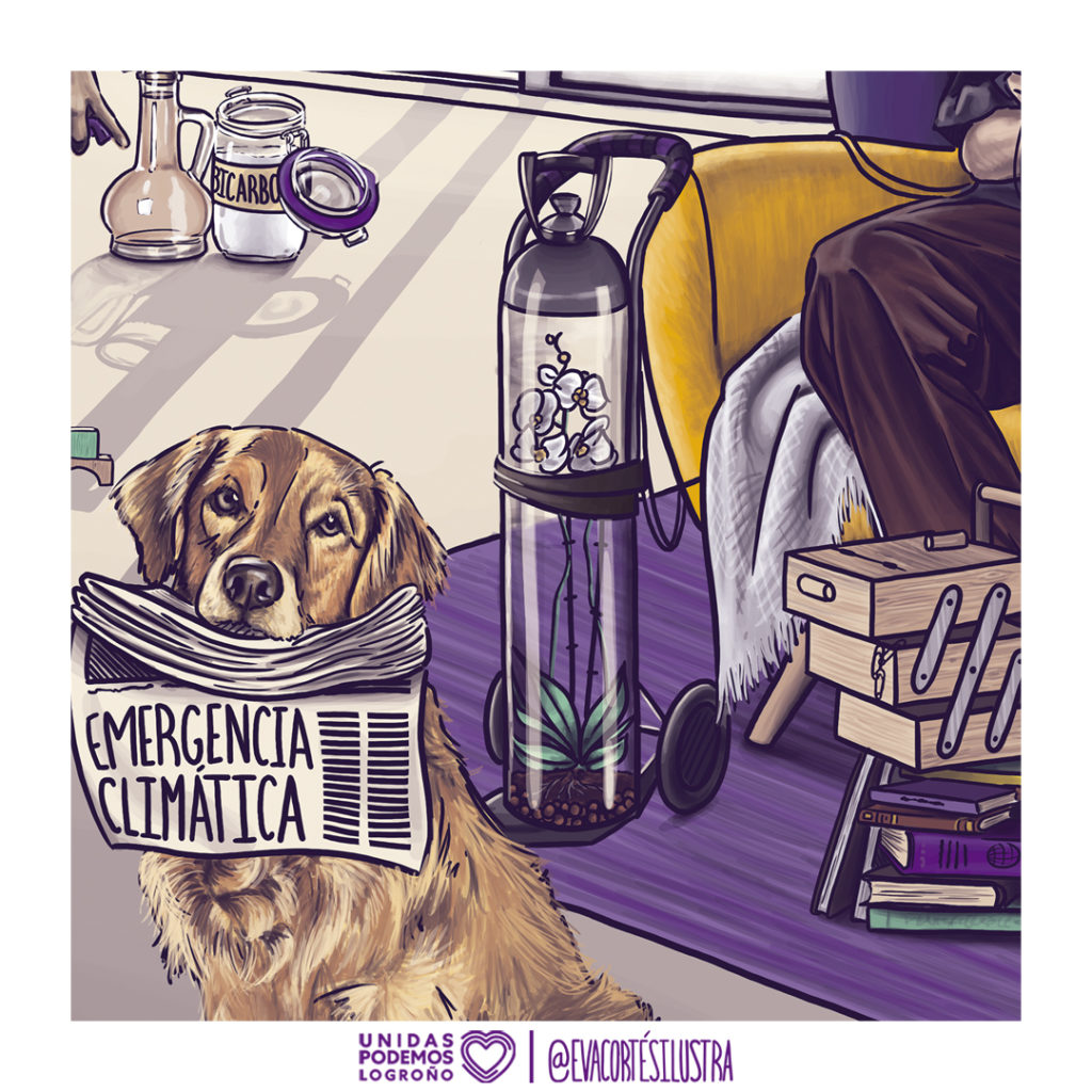 Ilustración de Eva Cortés con un perro de mascota dentro del salón de un hogar, y la bombona de oxigeno de una persona mayor que tiene una planta dentro, creada para la campaña ambiental “Cuida la tierra, es tu casa” de Unidas Podemos Logroño.