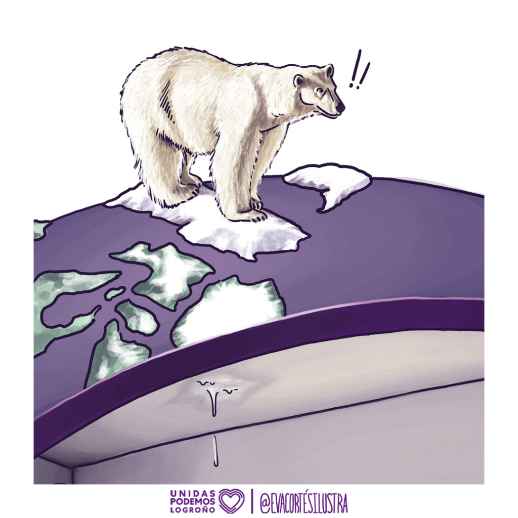 Ilustración de Eva Cortes donde se observa a un oso polar en el zona del polo norte del planeta tierra, parte de la campaña “Cuida la tierra, es tu casa” para Unidas Podemos Logroño.