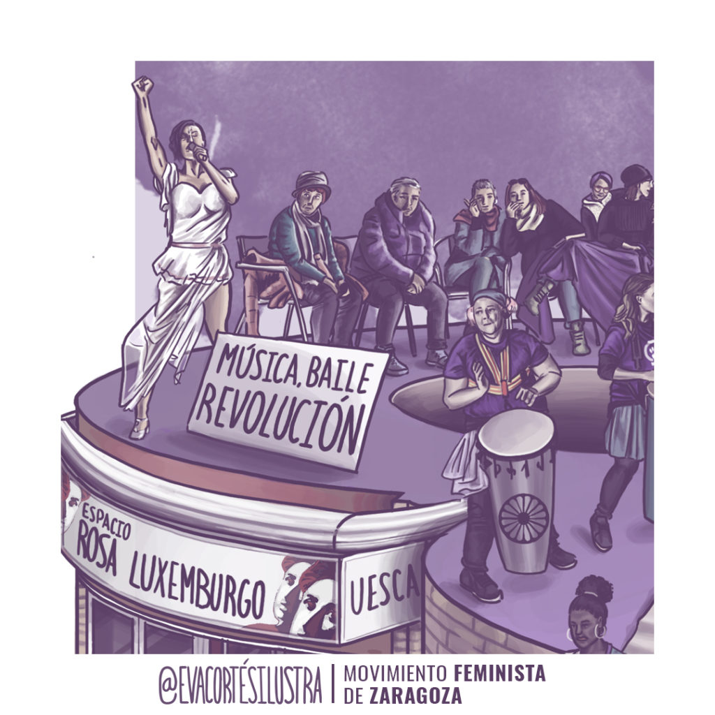 Cartel de las movilizaciones del 8 de marzo del 2023 en Zaragoza, diseñado e ilustrado por Eva Cortés.