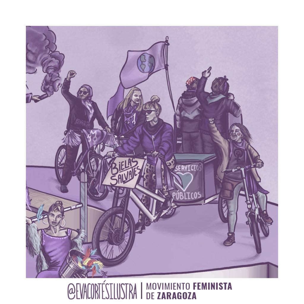 Cartel de las movilizaciones del 8 de marzo del 2023 en Zaragoza, diseñado e ilustrado por Eva Cortés.