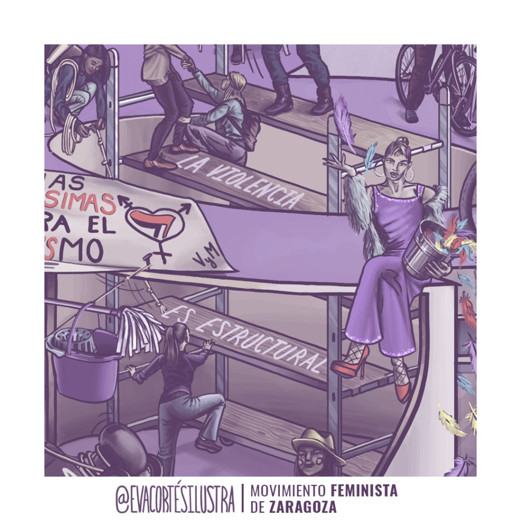 Cartel de las movilizaciones del 8 de marzo del 2023 en Zaragoza, diseñado e ilustrado por Eva Cortés.