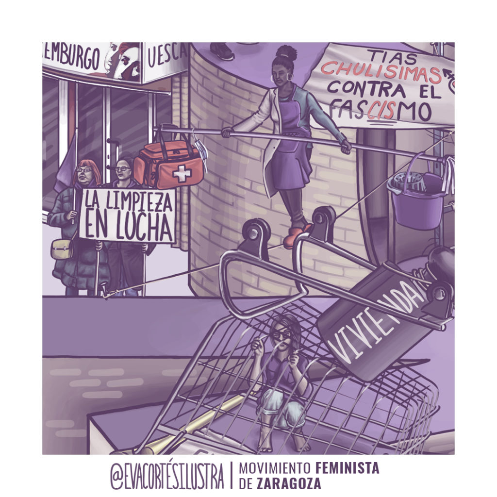 Cartel de las movilizaciones del 8 de marzo del 2023 en Zaragoza, diseñado e ilustrado por Eva Cortés.
