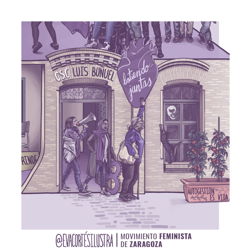 Cartel de las movilizaciones del 8 de marzo del 2023 en Zaragoza, diseñado e ilustrado por Eva Cortés.