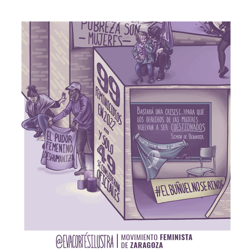 Cartel de las movilizaciones del 8 de marzo del 2023 en Zaragoza, diseñado e ilustrado por Eva Cortés.